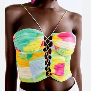 zara printed ruched multicolor strappy vibrant crop top